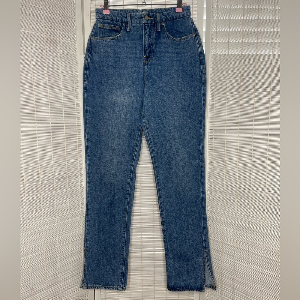 Good American Medium Wash Straight Leg Mid Rise Denim Jeans Blue Size 2